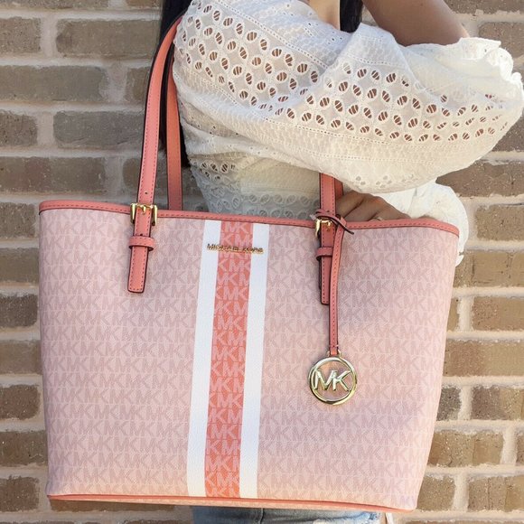 Michael Kors Handbags - Michael Kors Jet Set Travel Medium Carryall Tote Sherbert Multi Pink Stripe MK